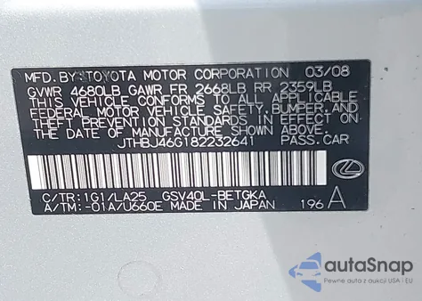 2008 Lexus Es 350 z USA, uszkodzony, nr VIN JTHBJ46G182232641